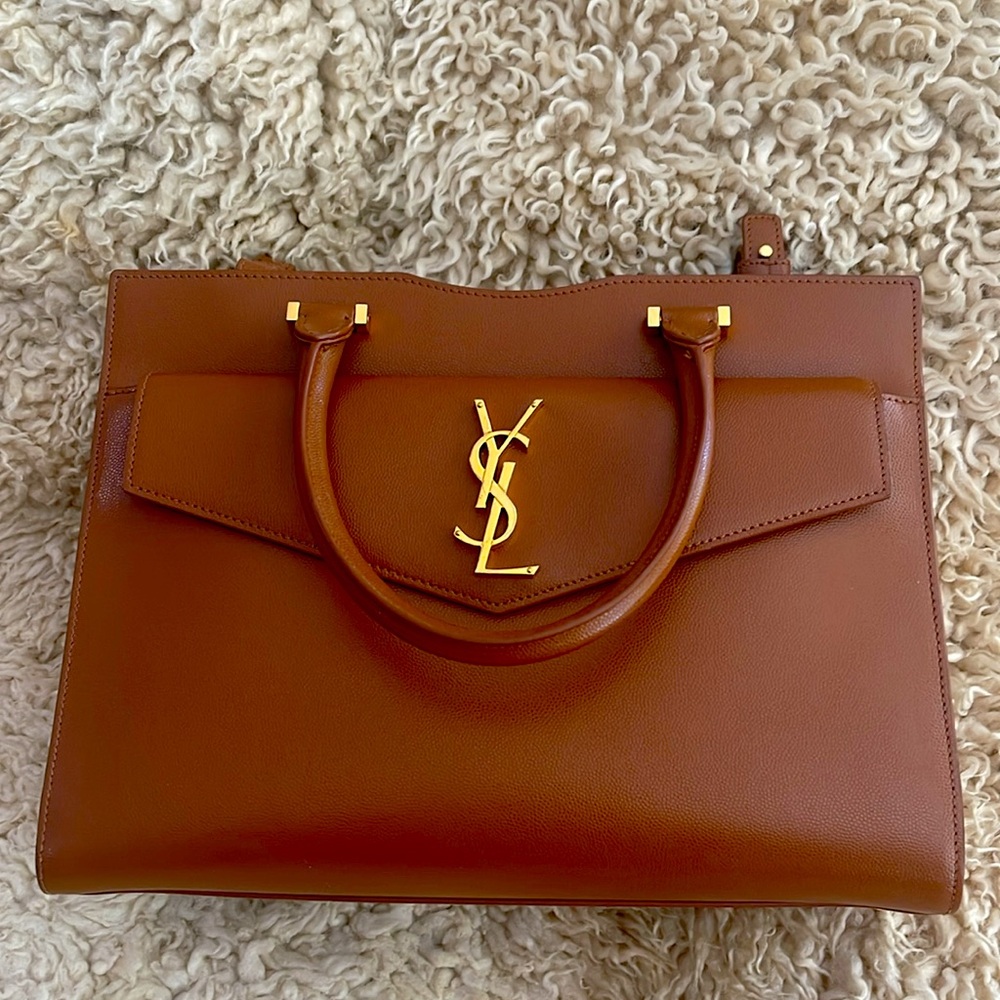 Yves Saint Laurent Brown Leather Uptown Leather Bag / Satchel with Gold Logo